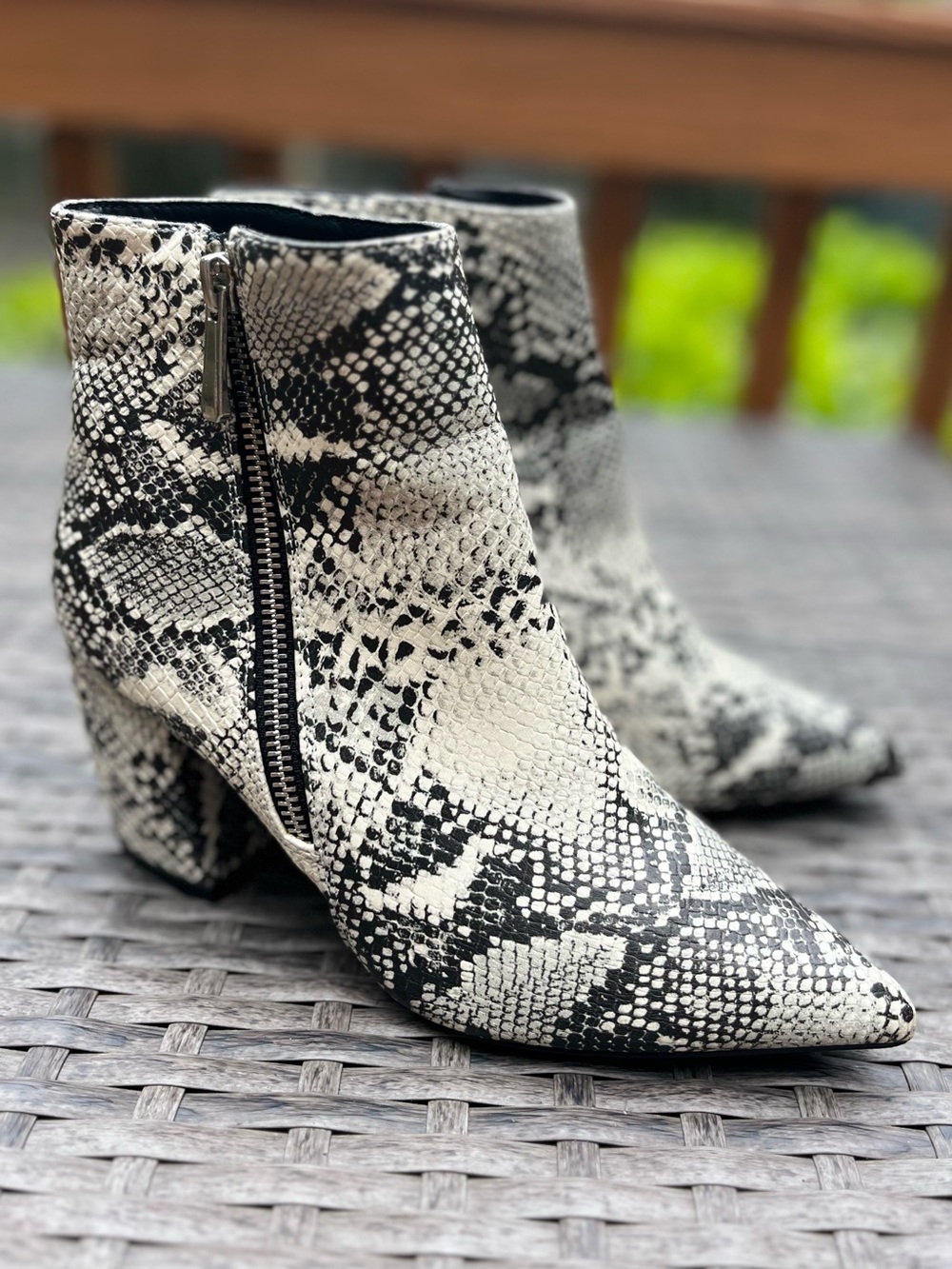 Qupid Black & White Snake-Print Ankle Booties